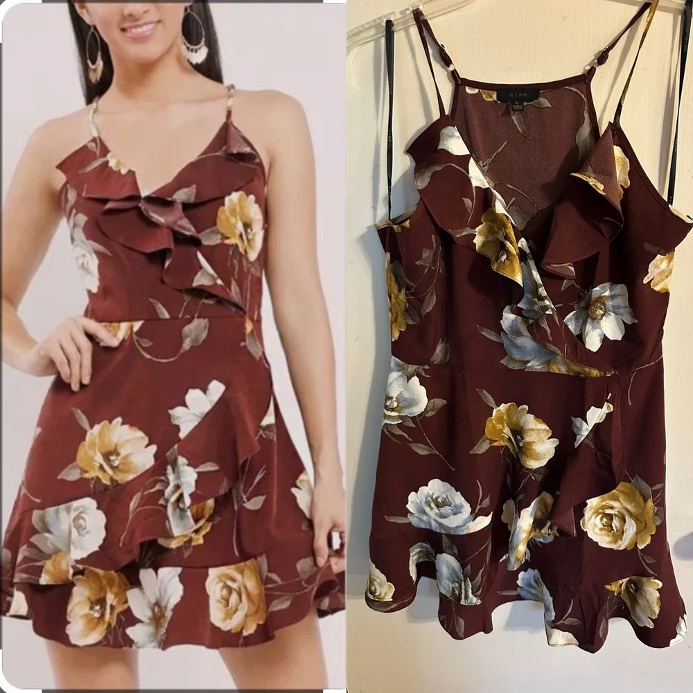 Mine Romantic Burgundy‎ Floral Ruffle Mini Dress Sleeveless Size Large Woman's